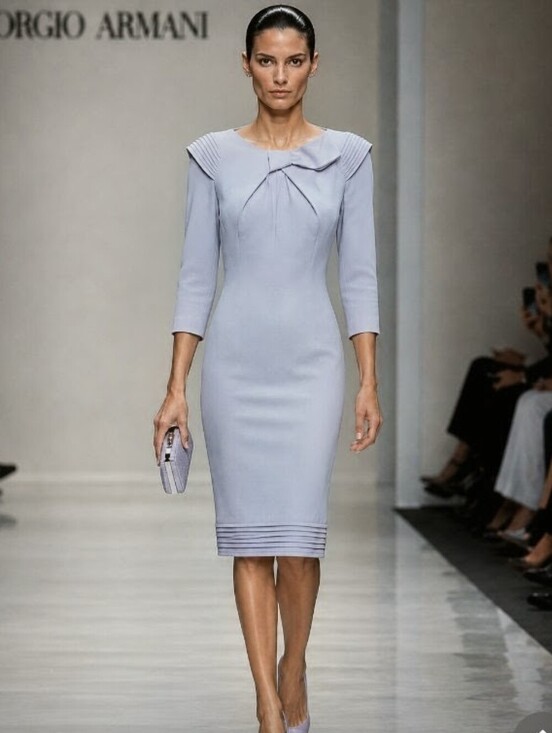 Giorgio Armani Dresses & Skirts - Giorgio Armani Silk Pale Lilac Blue Midi Sheath Pleated Hemline Shoulder Dress L